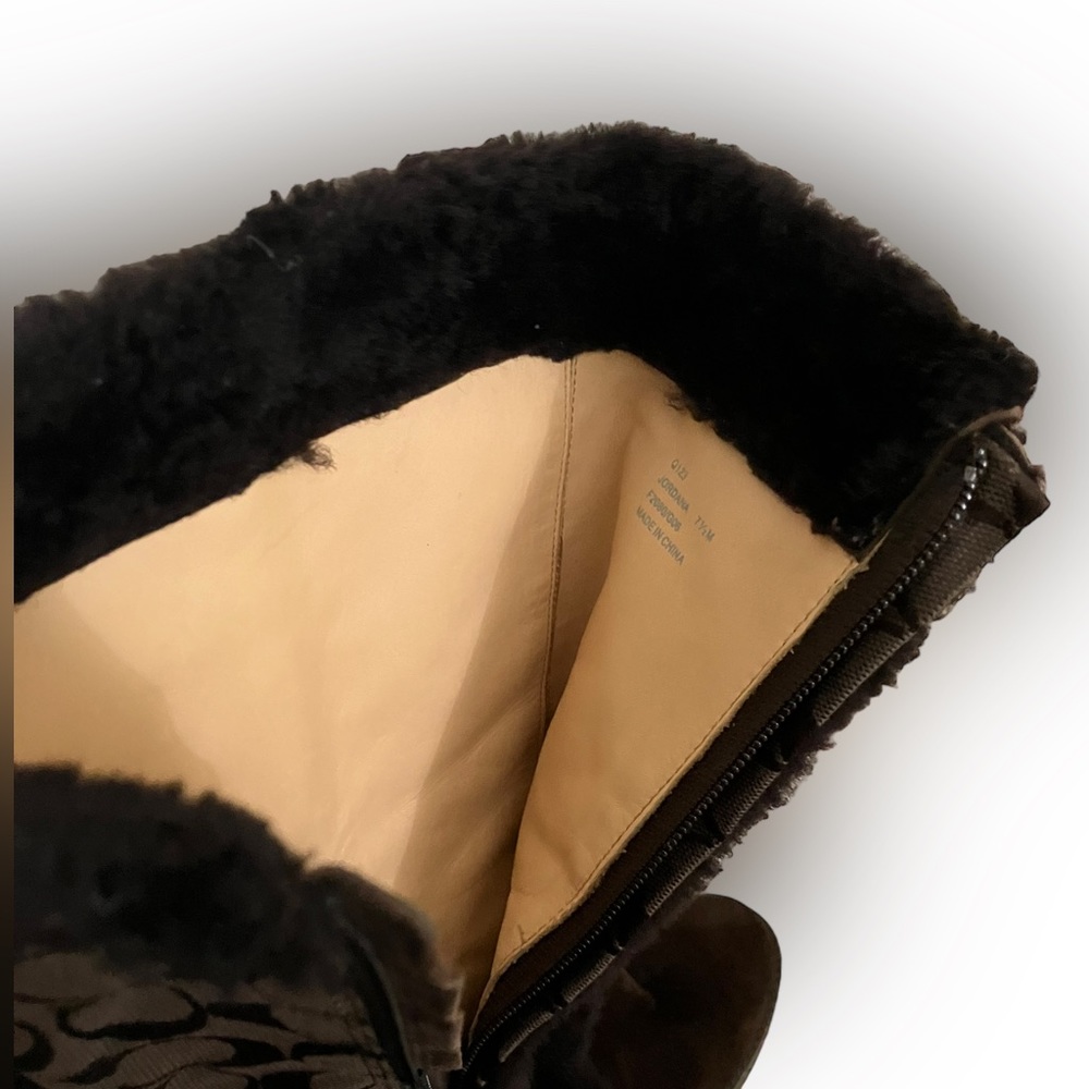 Coach Brown Monogram C Logo Jordana W123Sheepskin Suede Zip Wedges 7 1/2M No box - Picture 10 of 12